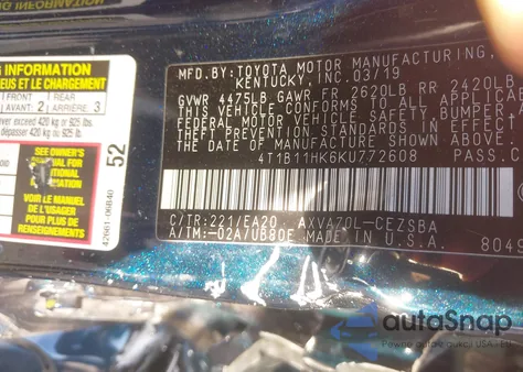 2019 Toyota Camry Se из США, поврежденный, VIN 4T1B11HK6KU772608